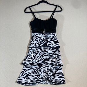 Taboo Dress Sz S Zebra Print Ruffle Y2K Babydoll Knee Length Spaghetti Strap Bow